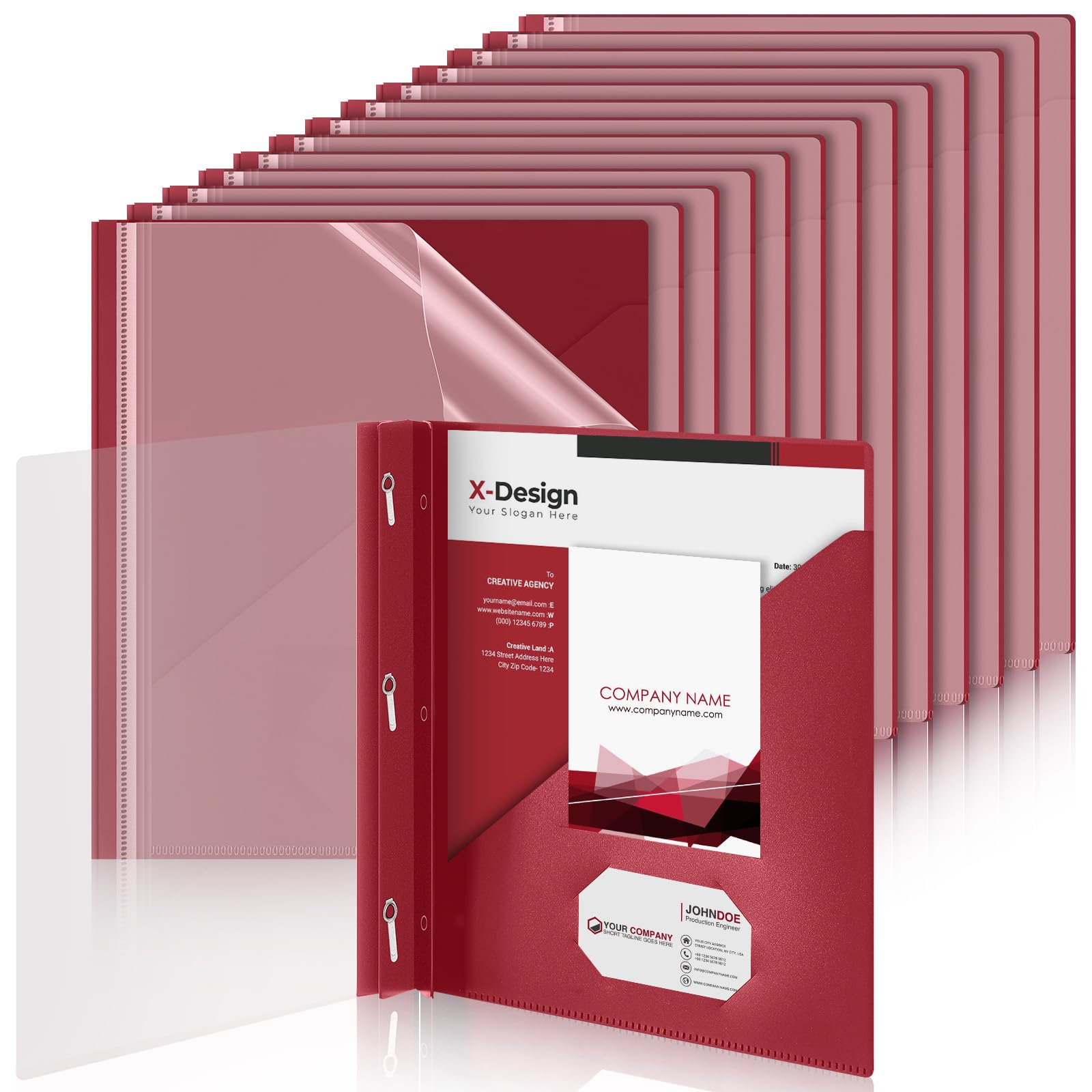 Teling Transparente Berichtsmappen mit 3 Zinken, Kunststoff-Präsentationsmappen, Kapazität 90 Blatt, für Schule, Büro, Dunkelrot, 24 Stück