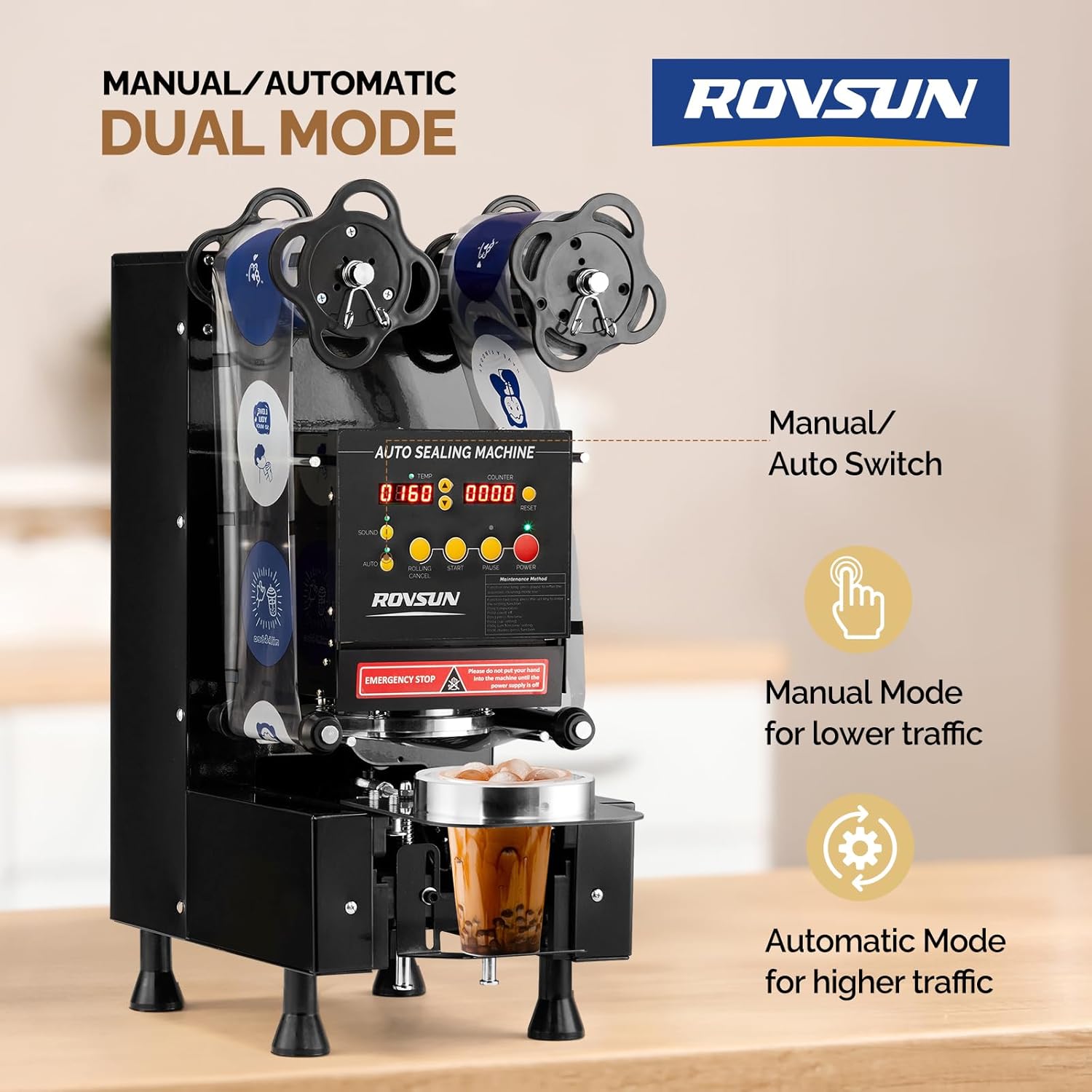 ROVSUN Cup Sealing Machine, Fully Automatic Cup Sealer Machine 500-650 Cups/H, Electric Cup Sealing Machine 88/89/90/95mm with LCD Digital Control, Cup Sealer for Bubble Milk Tea Coffee, Black