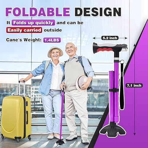 Miniatura 5 de BigAlex Bastón plegable con dos luces LED para ancianos, base sólida, bastón ajustable con bolsa de transporte para hombres y mujeres