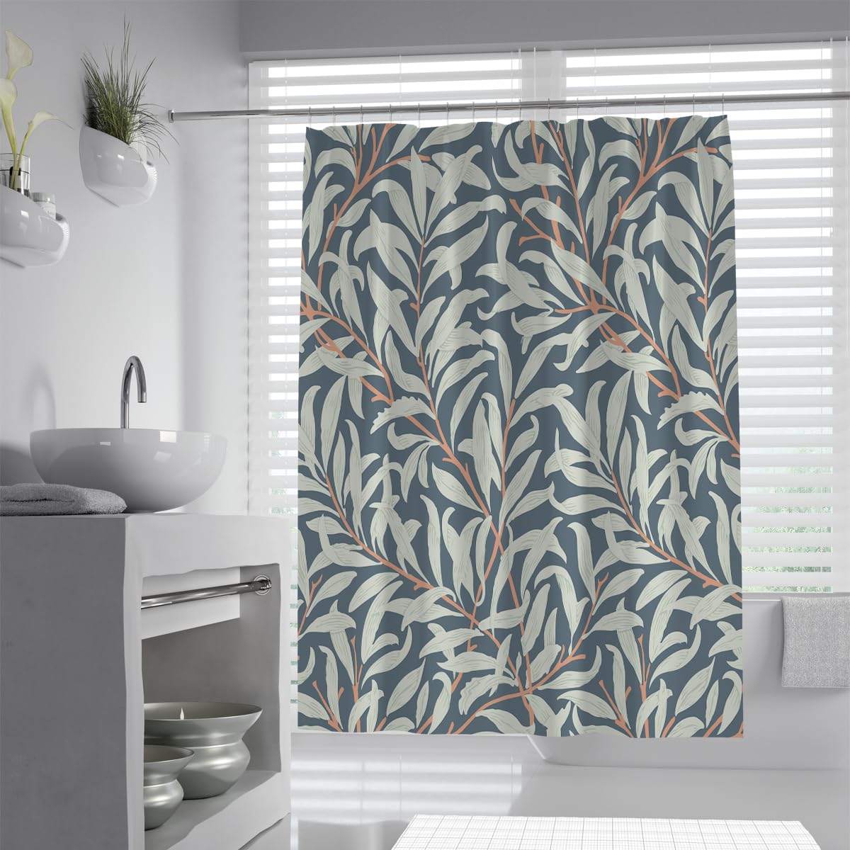 OLLIAR Home Vintage Botanical Shower Curtains 180x180 Willow Leaves Designs Jungle Print Shower Curtain Set Polyester Waterproof Shower Curtain with Hooks
