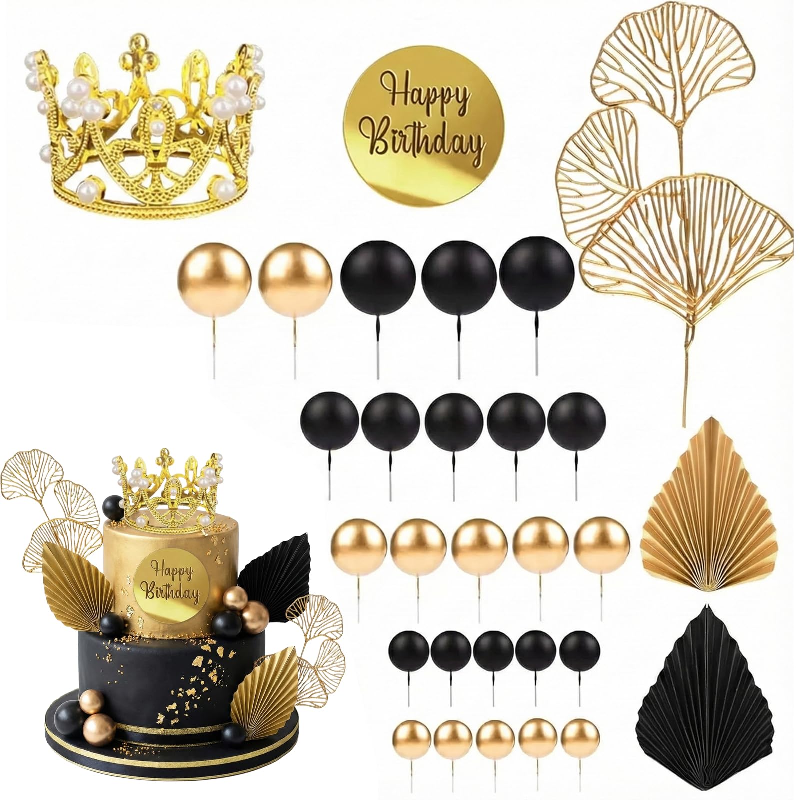 30 Pcs Cake Balls Decoration, Black and Gold Cake Balls Cake Toppers wuth Golden Crown, Paper Palm Leaves Fan Cake Toppers for Birthday Boho Wedding Party Anniversary Supplies