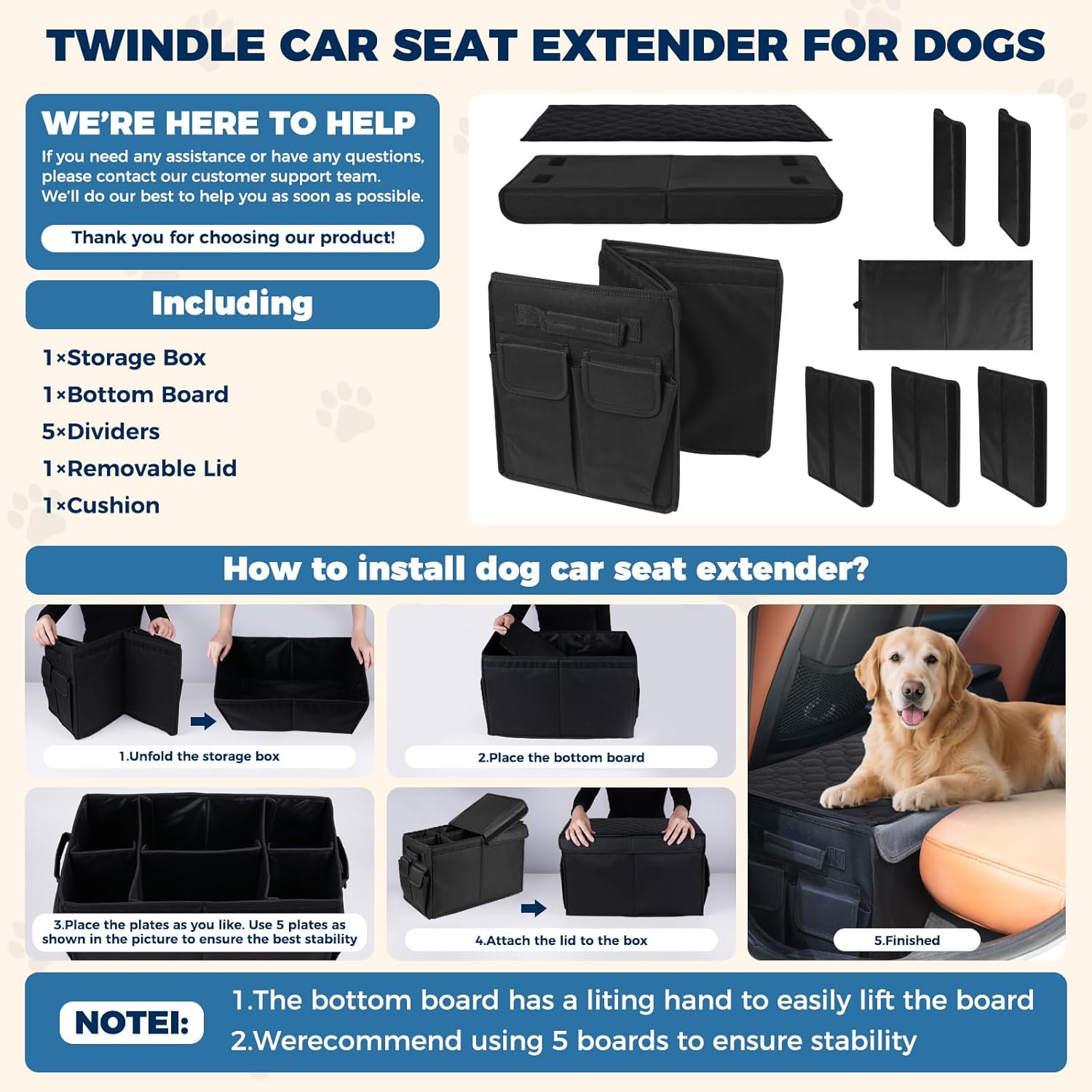 Back Front Seat Extender for Large Dogs Up to 200 Lbs, Adjustable Dog Back Seat Extender with Cushion & Storage Box, Car Organizer Gap Filler for Front or Back Seat