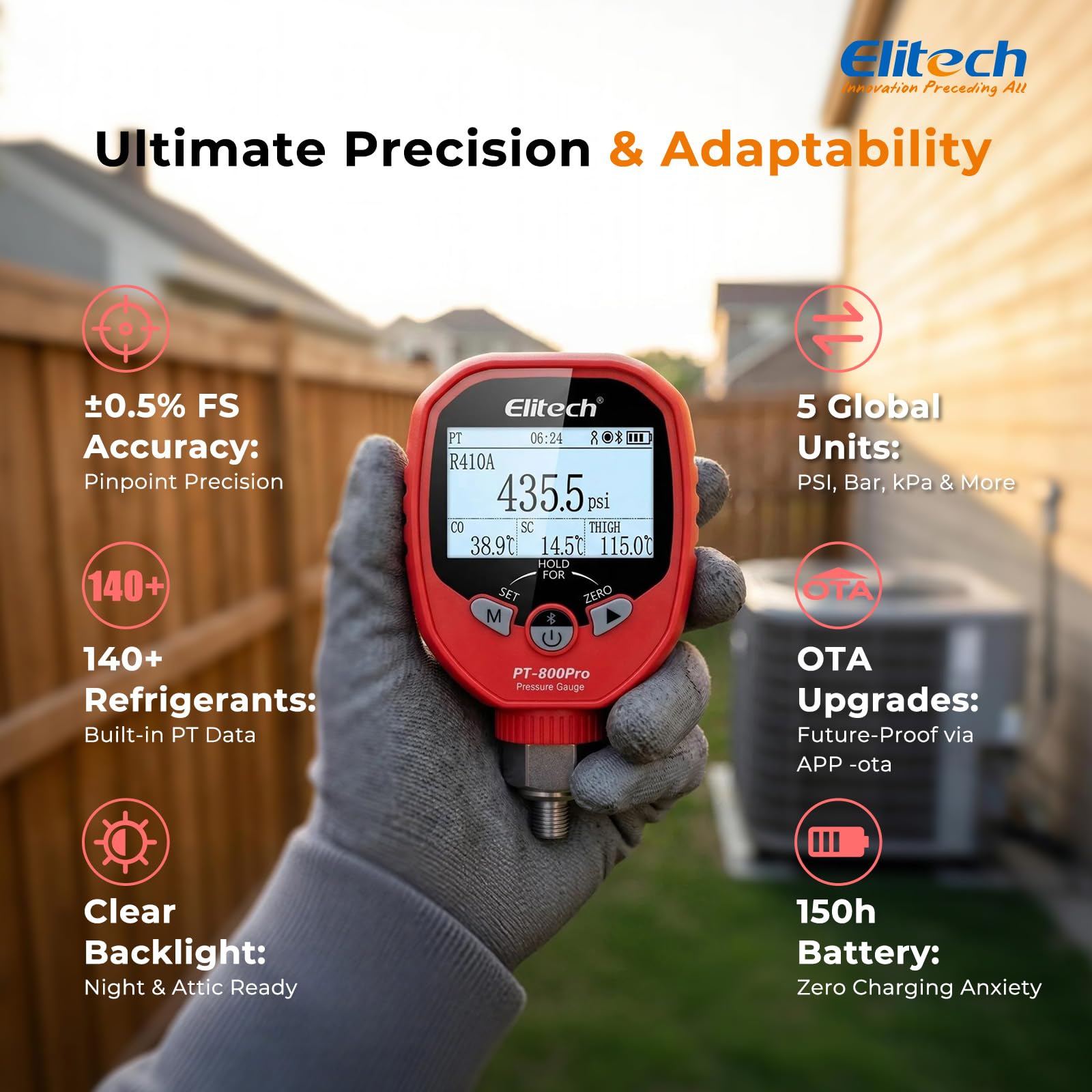 Elitech PT-500 et PT-800 Refroidissement sans fil Manomètre numérique Ensemble de manomètres CVC A/C Manomètre de température avec clip de test de température amovible 1/8 '' NPT
