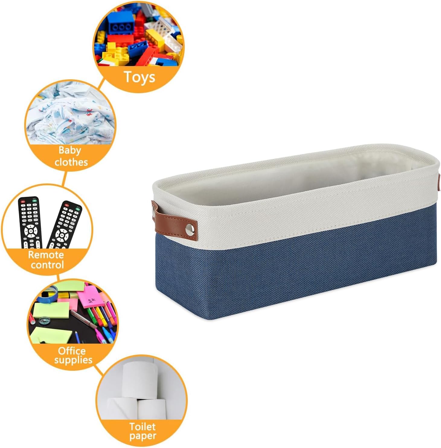 DULLEMELO Narrow Storage Basket,Toilet Paper Basket with Leather Handles for Back of Toilet, Vanities, Shelves & Cabinets (White&Blue-1 Pack) image 4