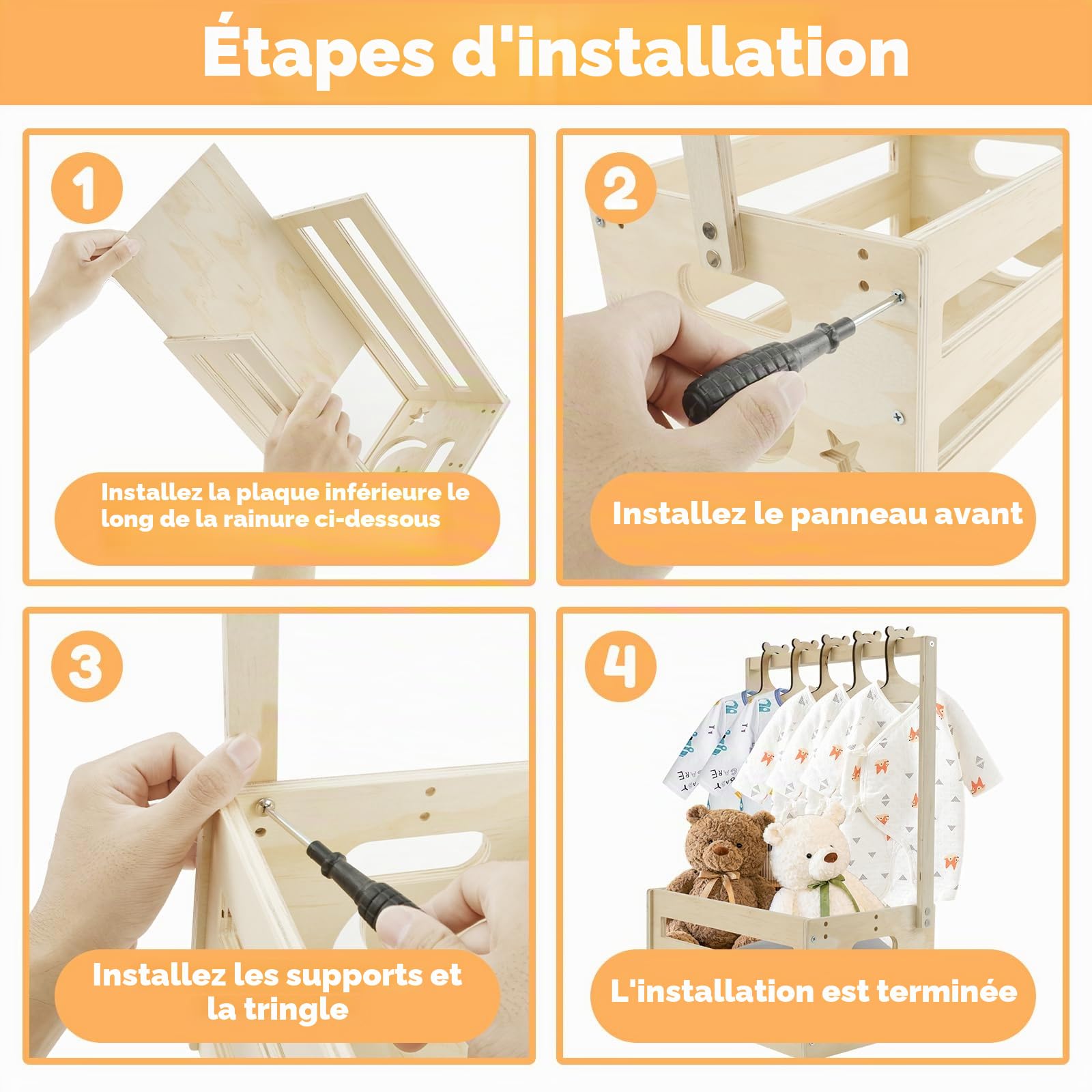 Panier Cadeau Bébé en Bois BOBASH - Armoire Bébé avec Poignée et 5 Cintres en Bois - Panier de Rangement pour Bébé - Idéal pour les Baby Showers, Anniversaires, Noël - Nouveaux Parents
