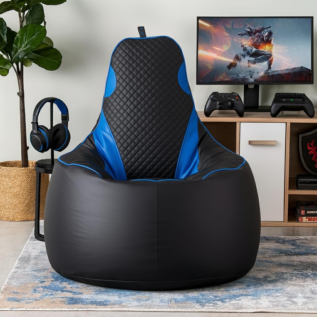 Amazon Brand – Solimo Premium Faux Leather Gaming Chair Bean Bag, Filled with Beans | Capacity: Upto 6 Ft 3 in Height, 120 Kg Weight | Black Blue