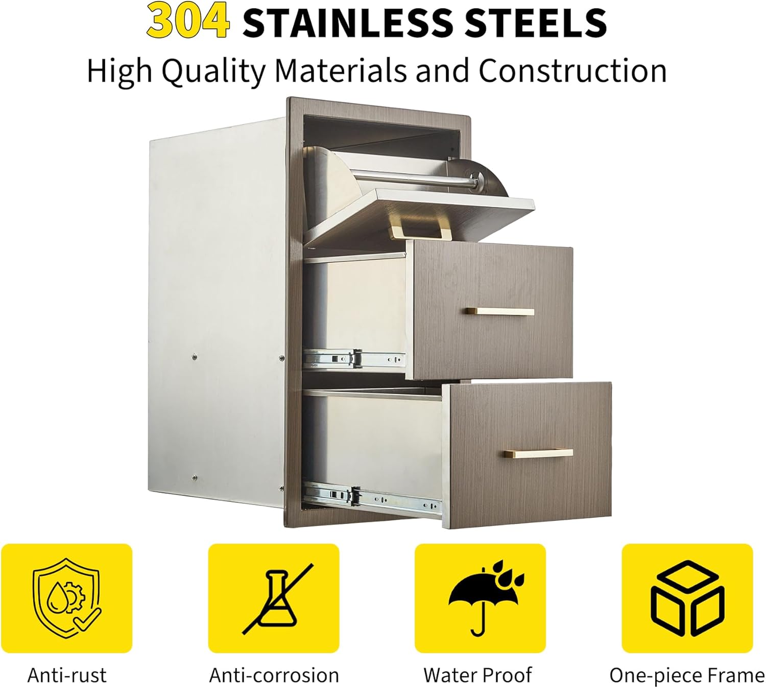 Outdoor Kitchen Drawers 17" W x 30" H x 21" D, Flush Mount Triple BBQ Drawers with Stainless Steel Handle, Paper Towel Holder Combo for BBQ Island, Patio Grill Station