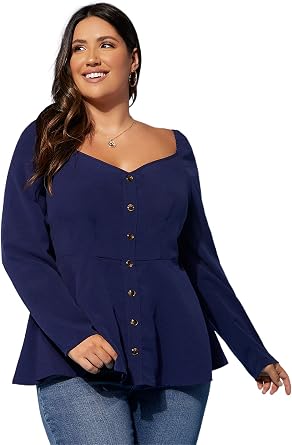 WDIRARA Women's Plus Size V Neck Button 
