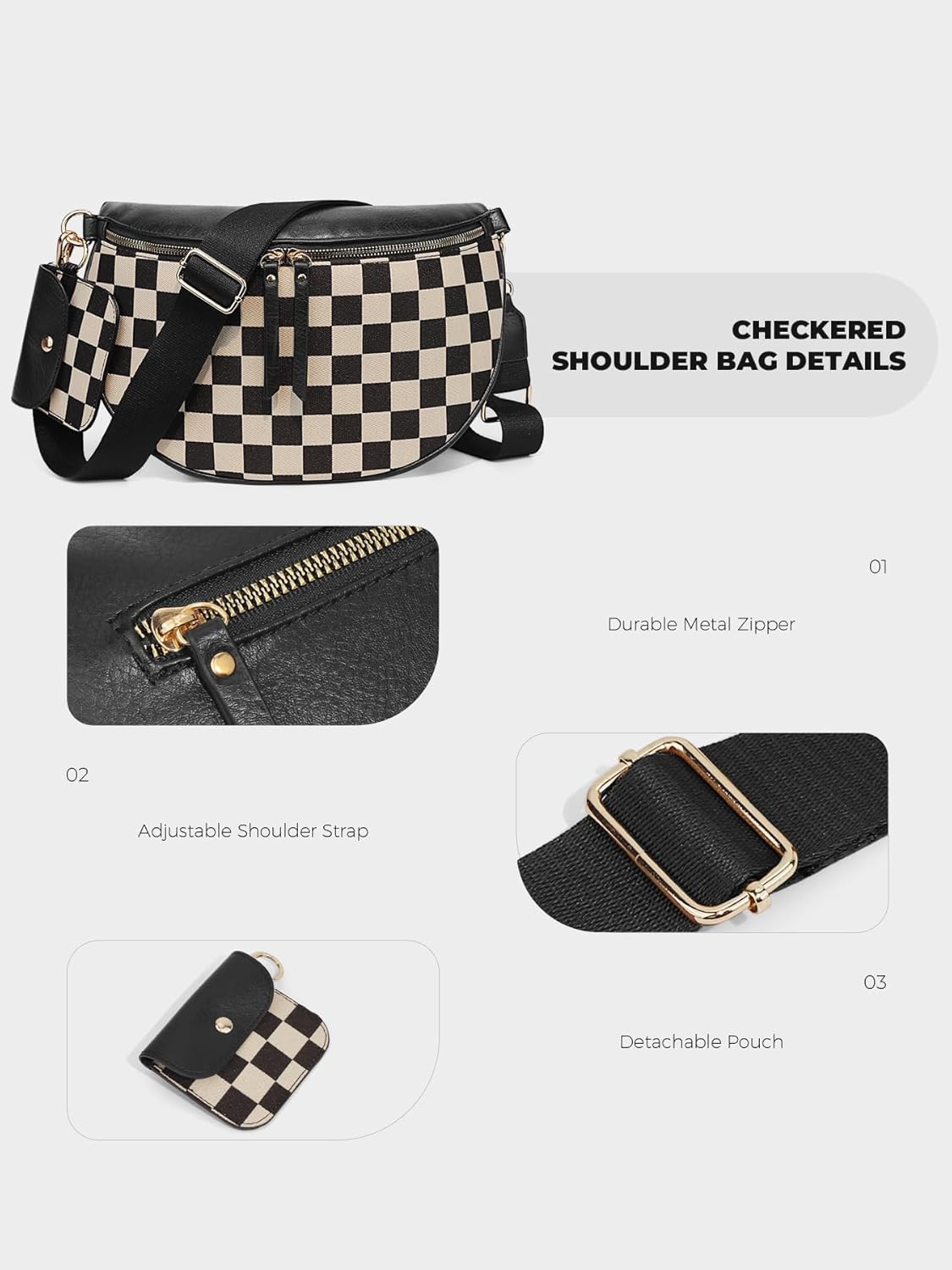 hibear Bum Bag for Women,Canvas Checkered Crossbody Bag Checkered Purse Fanny Packs Black and White Belt Wallet - Image 4
