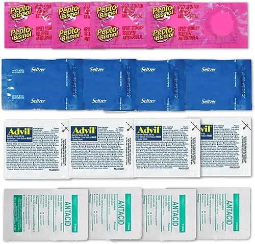 Miniatura 10 de Kit de medicina de viaje  Paquetes individuales Advil, Pepto Chews, Seltzer, antiácidos y bolsa  Kit de 80 piezas aprobado por la TSA de mini