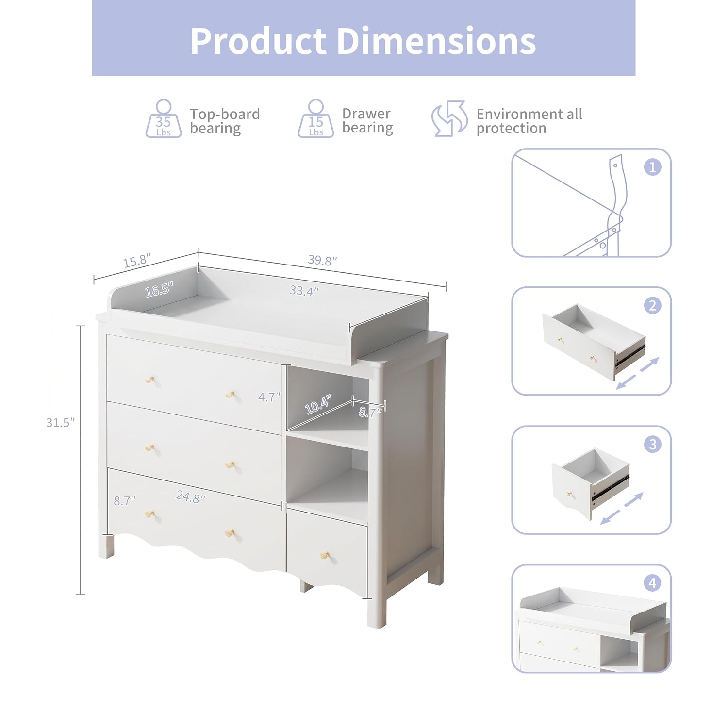 Baby Dresser with Changing Table Top Kids Dresser White | Nursery Dresser Wooden Small Dressers for Bedroom Baby Dresser Organizer Girls Dresser Diaper Organizer thumbnail