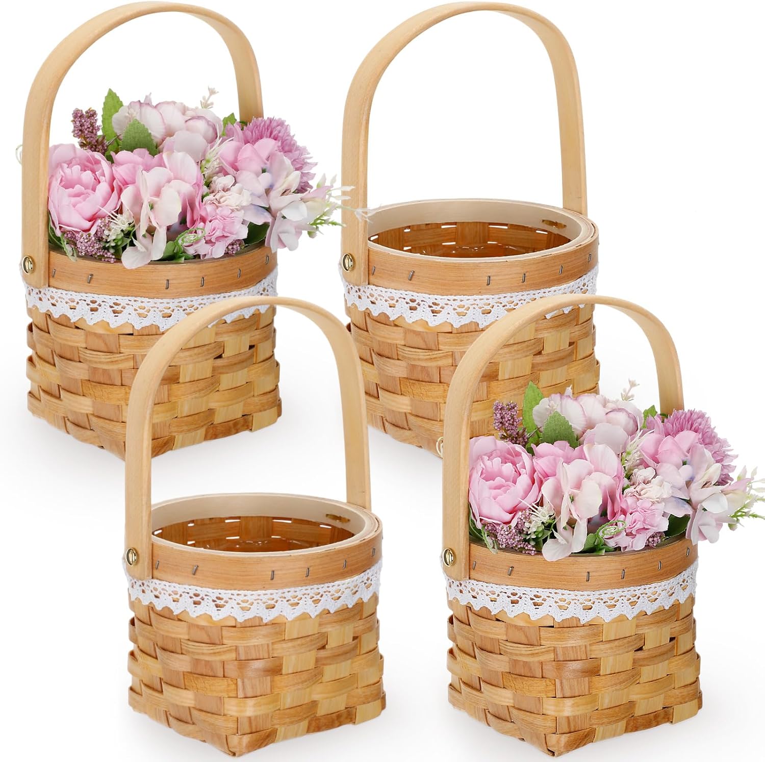 4 Pack Wooden Wedding Flower Girl Basket Small Rustic Floral Woven Flowers Basket White Ribbon Lace Flower Girl Baskets Wedding Party and Home Decorations