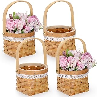 4 Pack Wooden Wedding Flower Girl Basket Small Rustic Floral Woven Flowers Basket White Ribbon Lace Flower Girl Baskets Wedding Party and Home Decorations