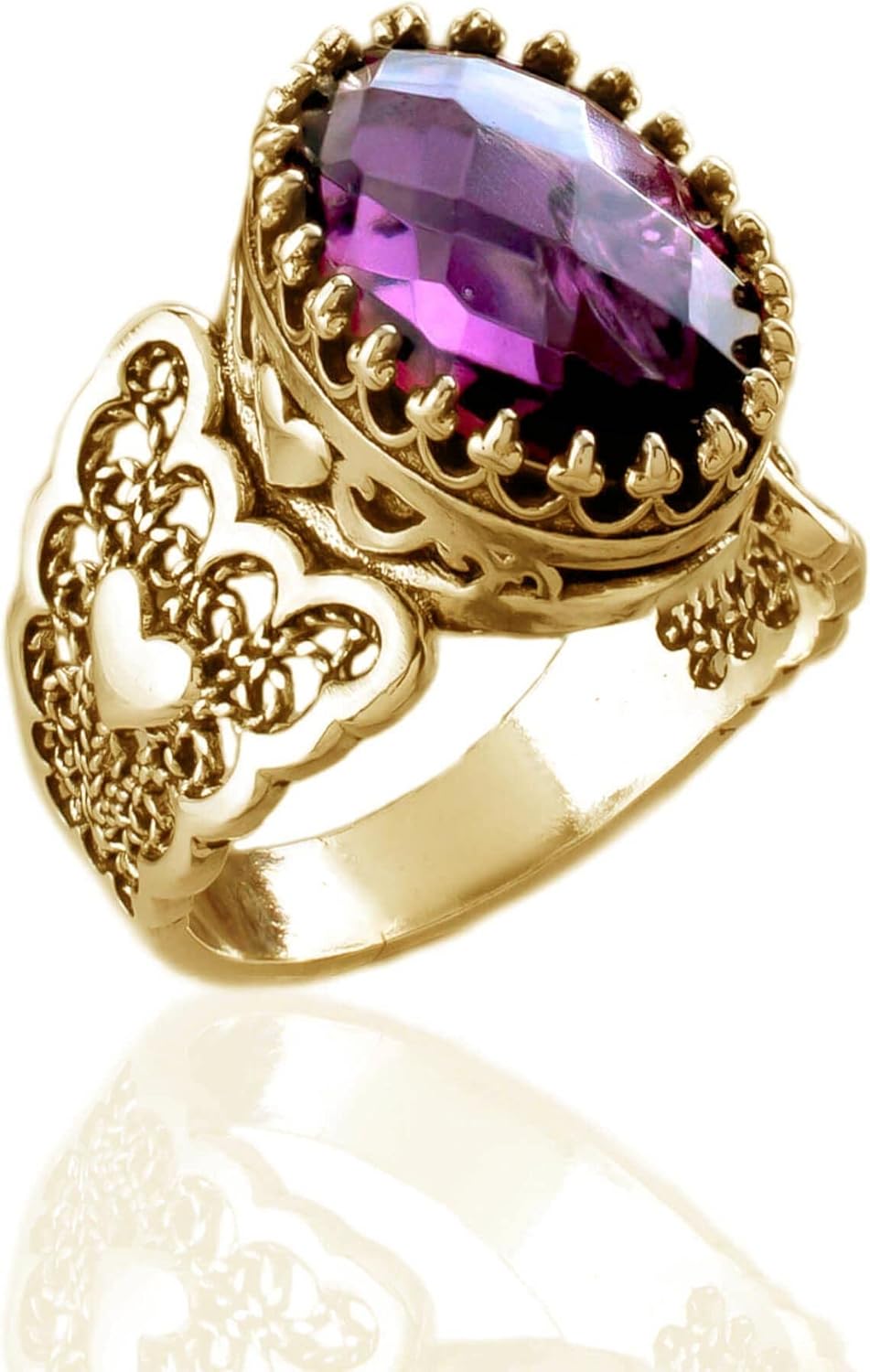 Filigranist 14k Gold Plated Sterling Silver Filigree Art Heart Detailed, Women Statement Cocktail Gemstone Ring