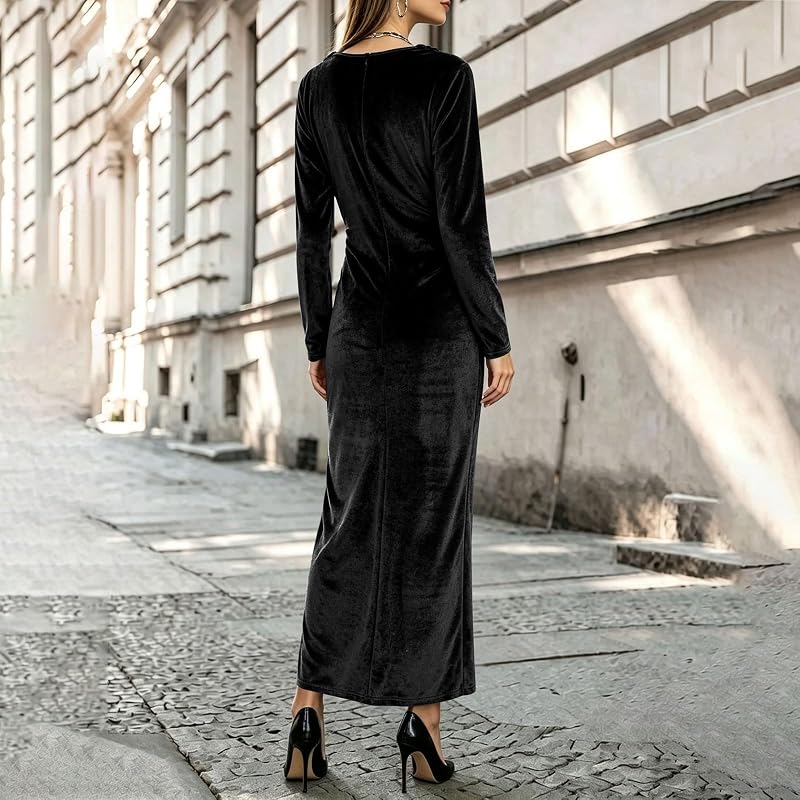 ENCURKUS Women’s Elegant Velvet Slim Fit Long – Features:V neck with draped folds at front,paired