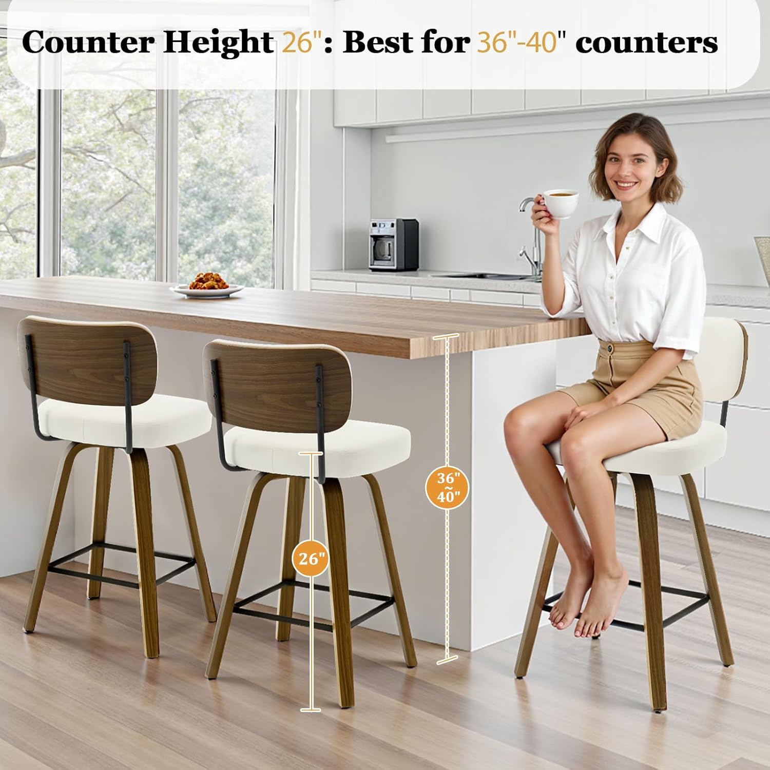 26" Counter Height Swivel Bar Stools Set of 3, Upholstered Bar Chairs with Back and Faux Leather Seat, Mid-Century Modern Counter Stools with Walnut Bentwood Leg for Kitchen Island, Cream