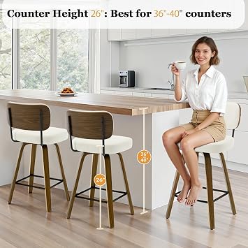 26 Counter Height Swivel Bar Stools Set of 2, Upholstered Bar Chairs with Back and Faux Leather Seat, Mid-Century Modern Counter Stools with Walnut Bentwood Leg for Kitchen Island, Cream