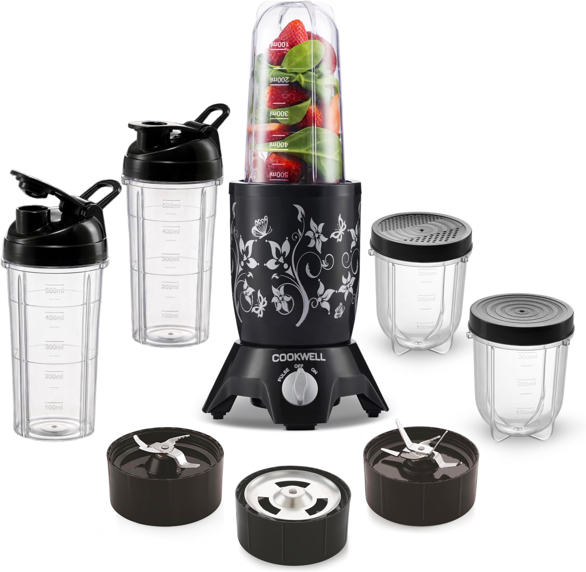 Cookwell 600W Bullet Mixer Grinder| Copper Motor, 5 Jars & 3 Blades (BLACK) – 1-Year Warranty