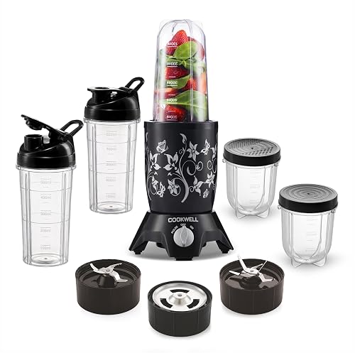Cookwell Bullet Mixer Grinder (5 Jars, 3 Blades, Black) - Copper, 600 Watts - 2 Year Warranty