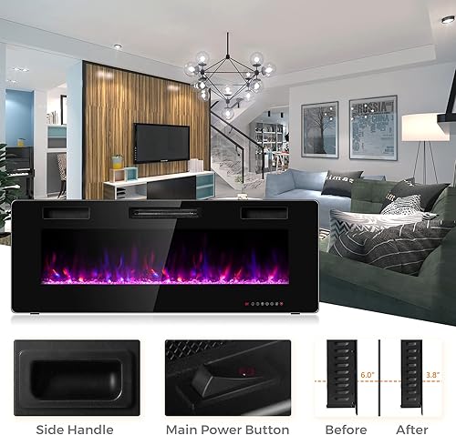 Miniatura 5 de COSTWAY Chimenea eléctrica de 50 pulgadas, 750 W1500 W empotrada en pared y montaje con control remoto, 12 colores de llama, 5 ajustes de brillo,