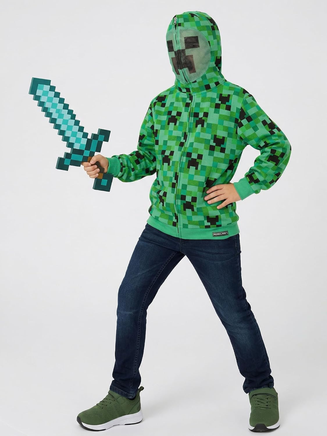 Minecraft Hoodie - Green Camo Zip-Up Fleece Jacket with Creeper Face Mask, Little to Big Kids 4-18yrs
