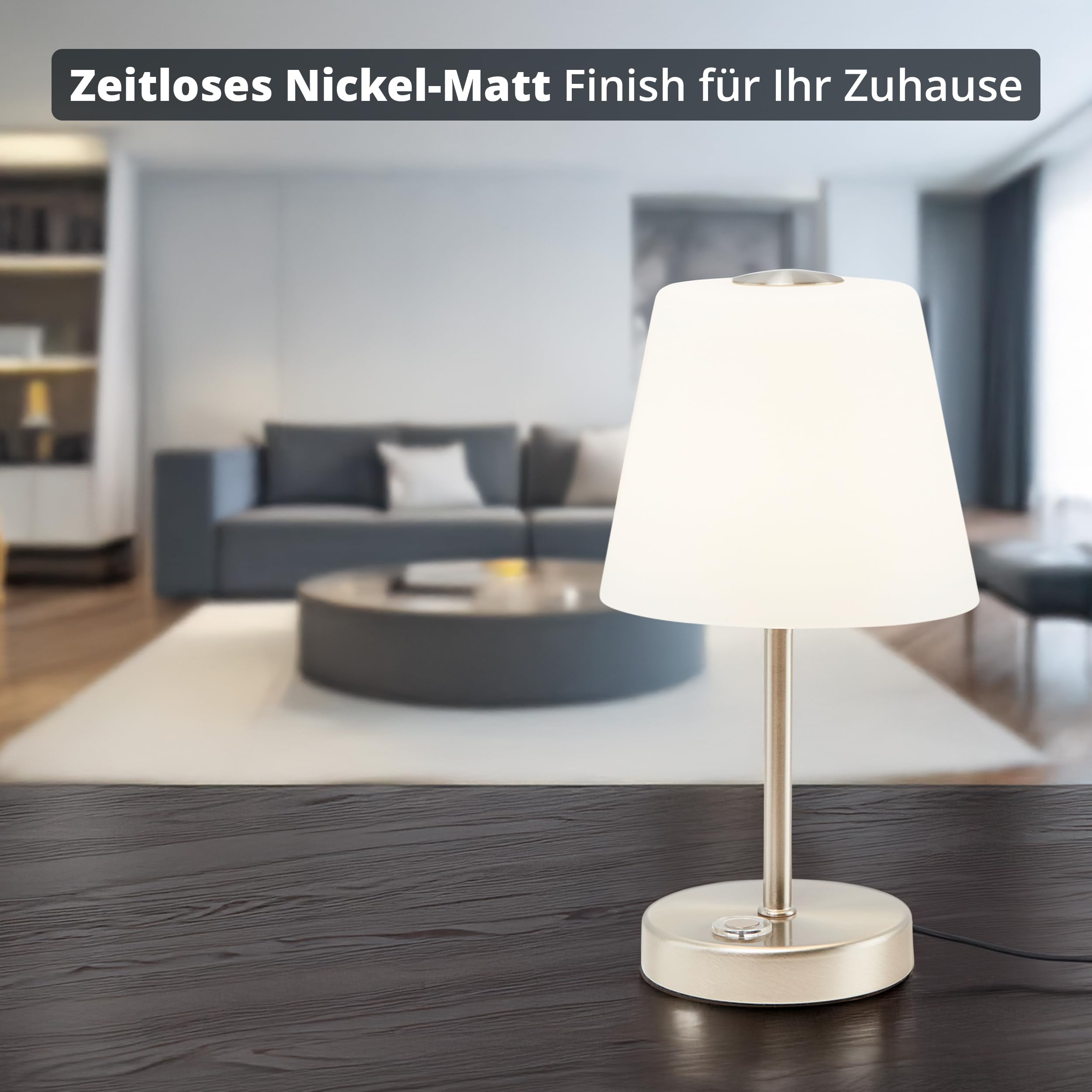 KHG LED-Tischleuchte in Nickel-Matt mit Alabasterglas-Schirm - 3-Stufen-Touchdimmer für individuelle Helligkeit - Energieeffizient & langlebig - 25,5 cm Höhe - Ideal für Nachttisch & Schreibtisch
