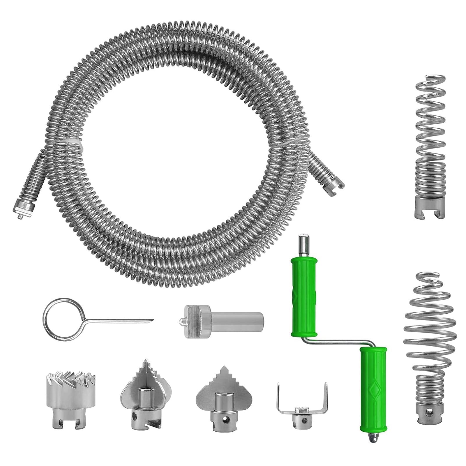 Spirale de nettoyage de canalisations 5 m, diamètre de la spirale 16 mm, déboucheur de canalisation, spirale avec 6 têtes de coupe, utilisable manuellement ou avec entraînement moteur, pour