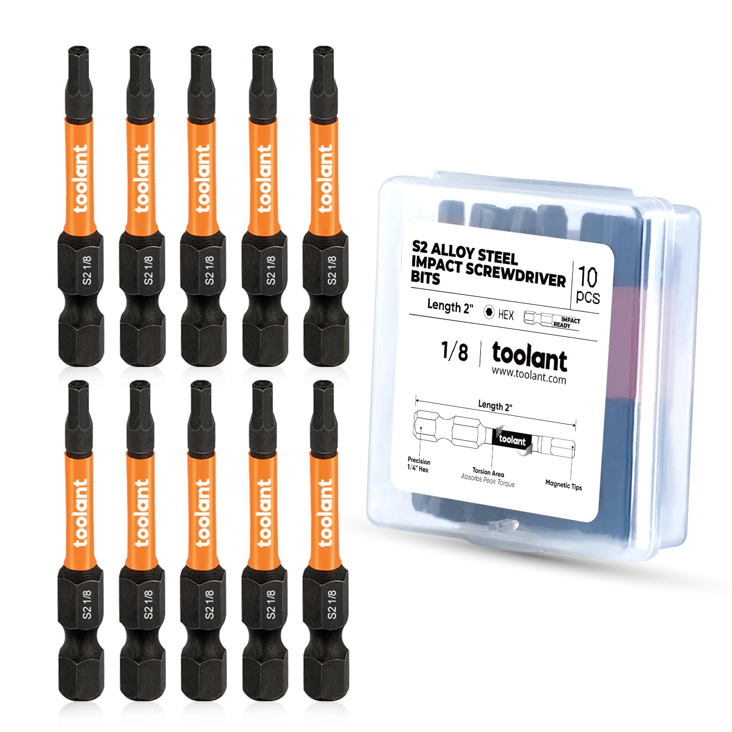 toolant 1/8-inch Impact Hex Bit Set, 10-Piece, 2-inch