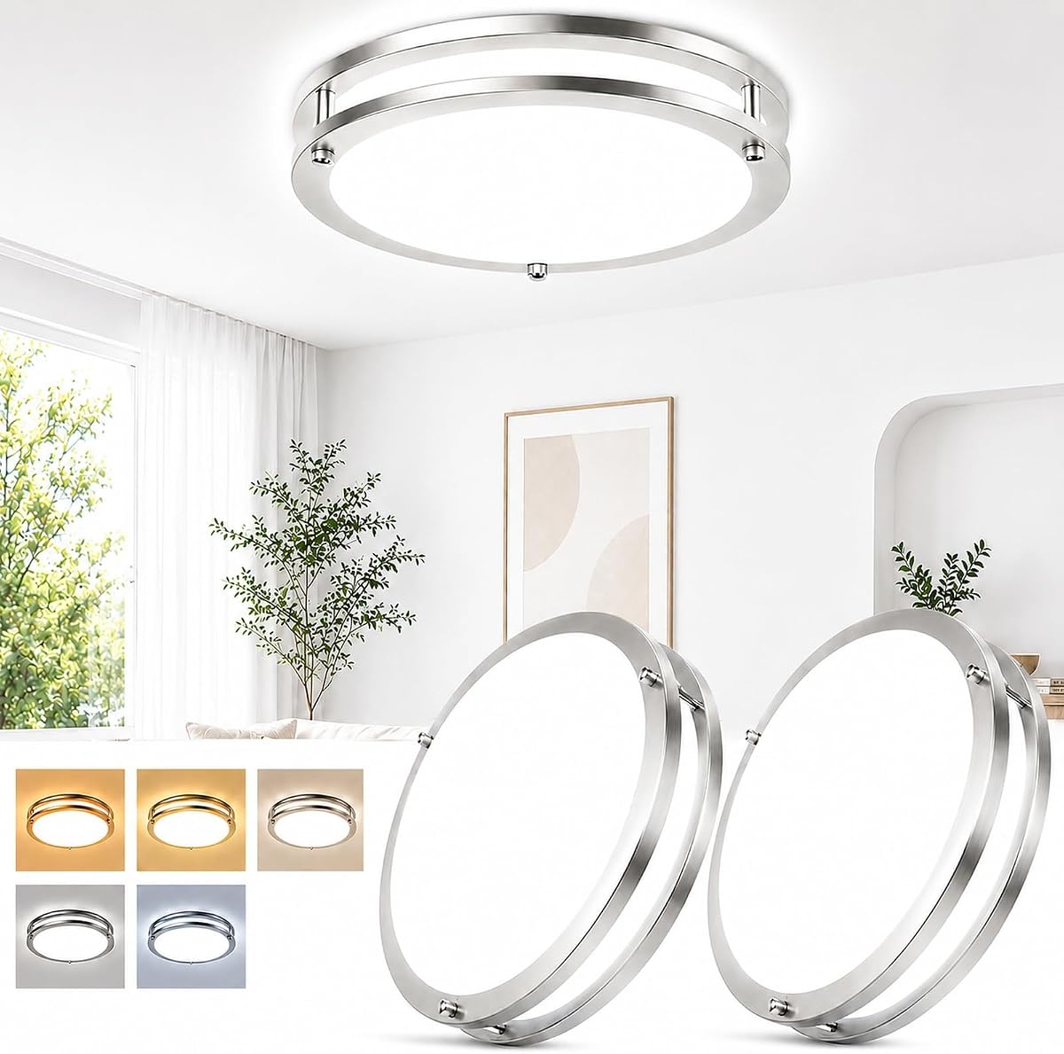 Paquete de 2 lámparas de techo LED de montaje empotrado de 13 pulgadas, 36W 3600LM regulables cerca de la luz de techo, 5CCT 2700K-6500K ajustables, modernas luces de techo de níquel cepillado para el pasillo del baño del dormitorio de la cocina