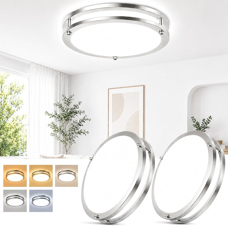 Paquete de 2 lámparas de techo LED de montaje empotrado de 13 pulgadas, 36W 3600LM regulables cerca de la luz de techo, 5CCT 2700K-6500K ajustables, modernas luces de techo de níquel cepillado para el pasillo del baño del dormitorio de la cocina