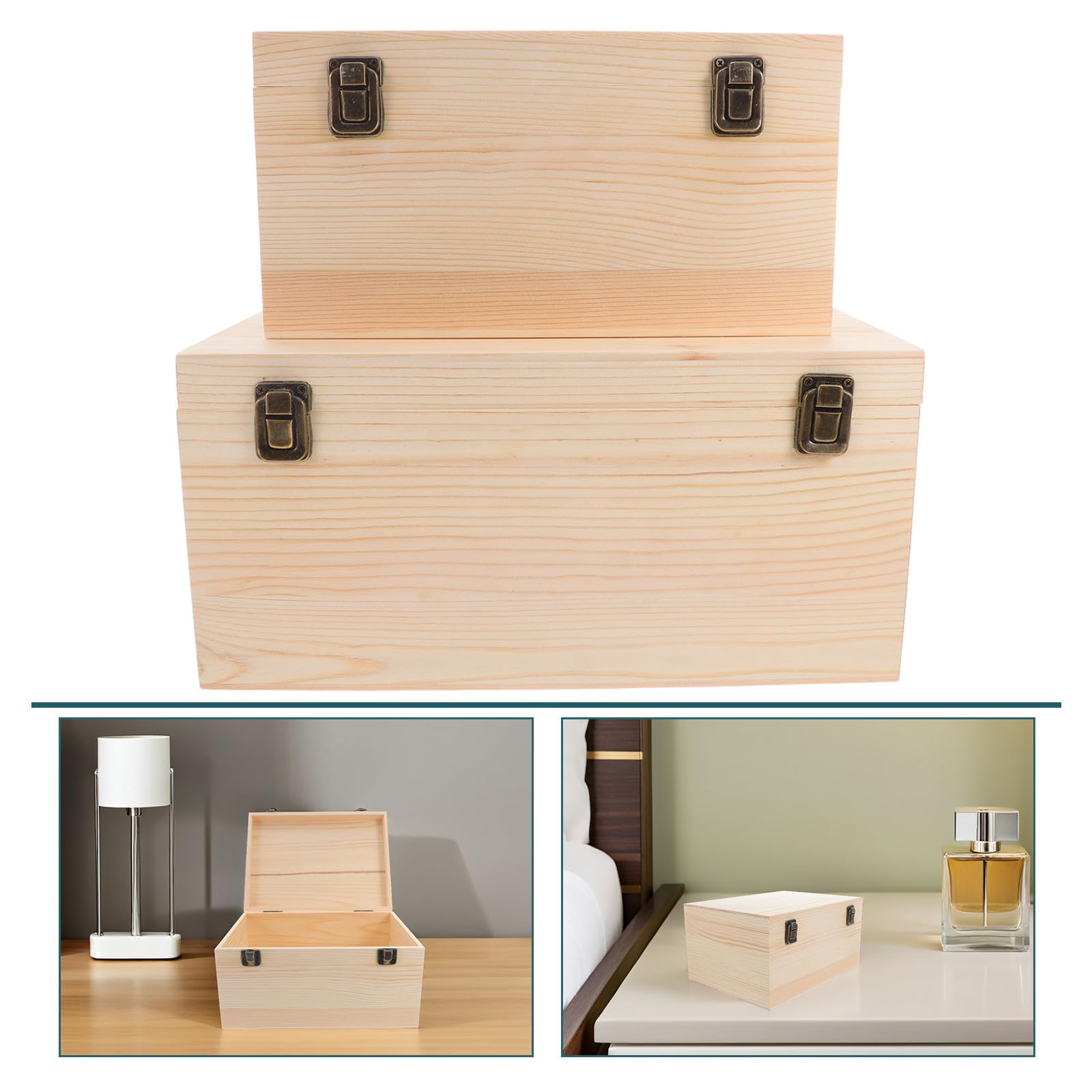 Didiseaon 2 Piezas Caja de Madera de Pino Grande Superficie Lisa con Tapa Abatible y Cierre Seguro para Diy, Adecuado para Decoración de Oficina y Hogar