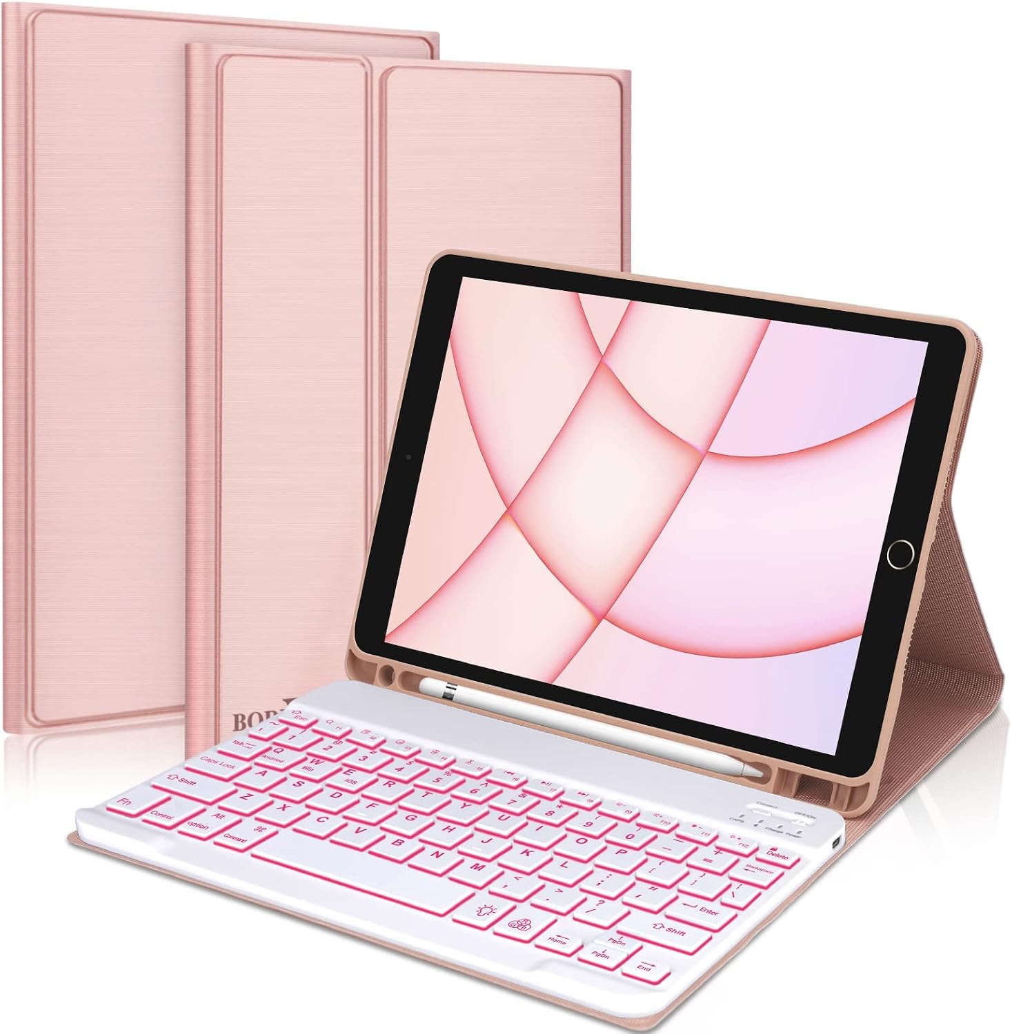 iPad 9th 2021/8th/7th Generation Keyboard Case, BORIYUAN 7 Colors Backlit Detachable Keyboard Folio Smart Cover for iPad 10.2"/iPad Air 10.5"(3rd Gen)/iPad Pro 10.5" with Pencil Holder –Champagne Pink