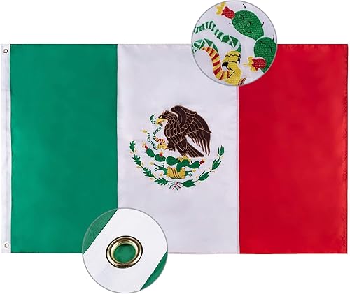 Bandera mexicana de 3 x 5 pies, bandera de México con bordado de doble cara, ojales de latón, cabecera de lona, color vibrante, resistente a la