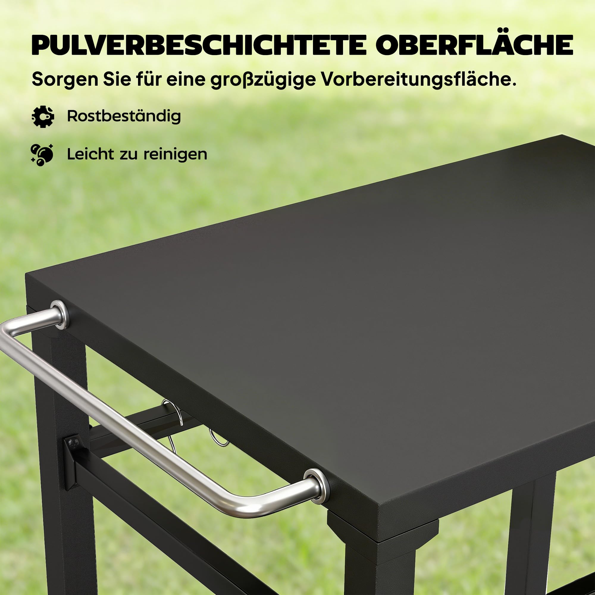 Outsunny Wózek grillowy 2-poziomowy stół grillowy z metalową powierzchnią, haczykami, uchwytami, kółkami mobilny wózek serwisowy outdoorowy stolik pomocniczy 90,5 x 55 x 88 cm Czarny