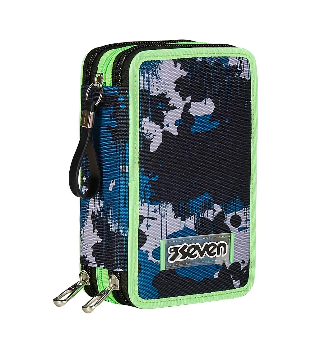 Astuccio SEVEN 3 Scomparti Design Scrawl - Nero Con Matite, Penne E Pennarelli