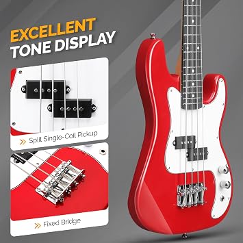 GLARRY 36in Electric Bass Guitar, 4 String Beginner Starter Kit with Accessories including Cable, Strap, Bag for Adults (Red)