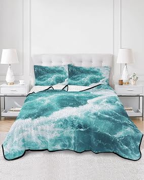 Twin XL Size Quilt Bedding Set, Teal Blue Waves Lightweight Soft Quilts Comforter, Coastal Seaside Ocean Summer Quilted Bedspread with 2 Pillow Covers for All Season 68" x 98"
