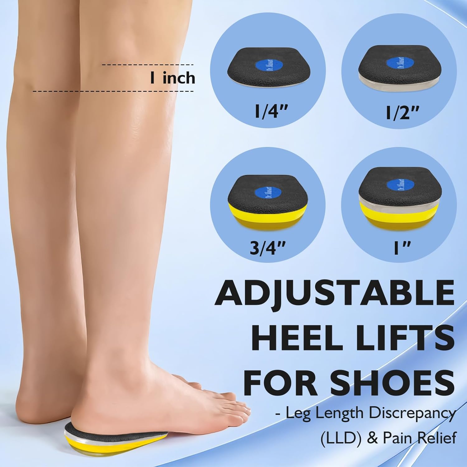 Dr. Shoesert Adjustable 1-Inch Heel Lifts (3-Layer Stability) – Black Orthopedic Inserts for Plantar Fasciitis & Leg Length Discrepancy – Cushioned Gel Hybrid for Men & Women (Large) - Image 2