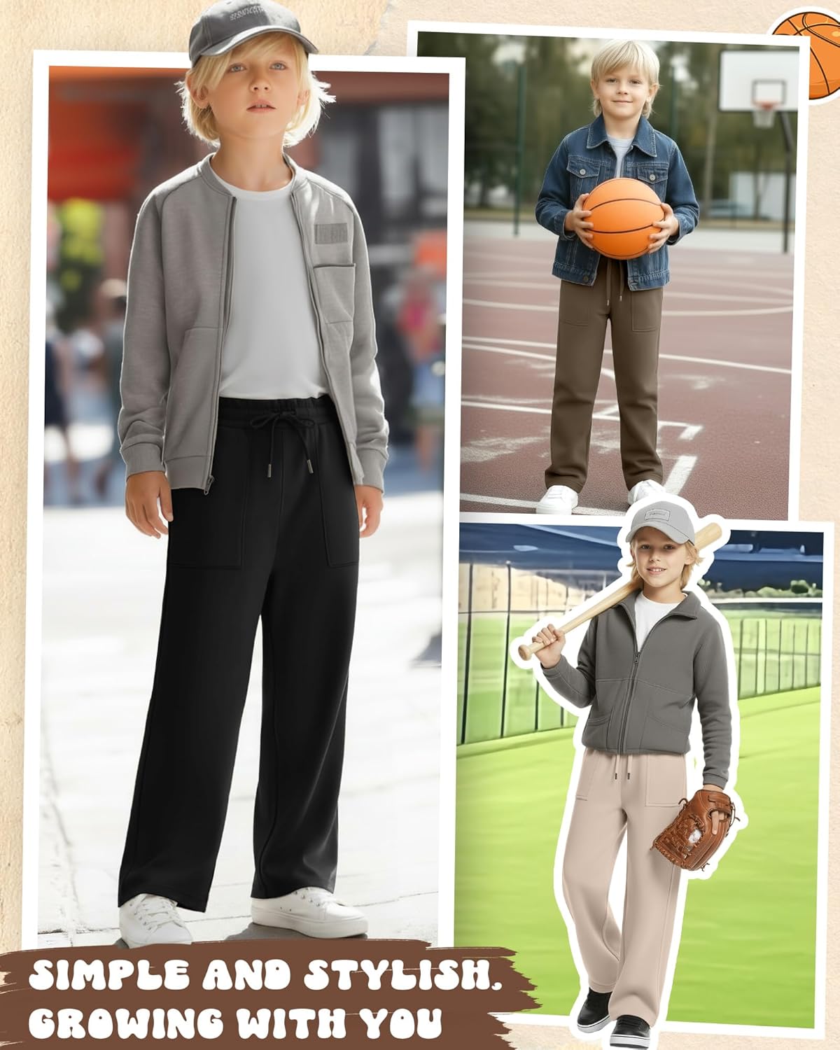 3 Pack Boys' Baggy Sweatpants Straight Leg Open Bottom Athletic Pants Kids Drawstring Trousers with Pockets