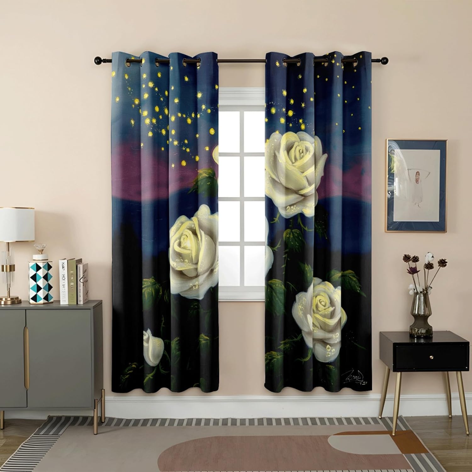 Blackout Curtains Yellow Blue Flower Living Room for Bedroom Polyester Washable Thermal Insulated Noise Reducing with Eyelets Door Curtain 2 Panels 2x85x200 cm(2 x 43.31 x 84.65 inch)