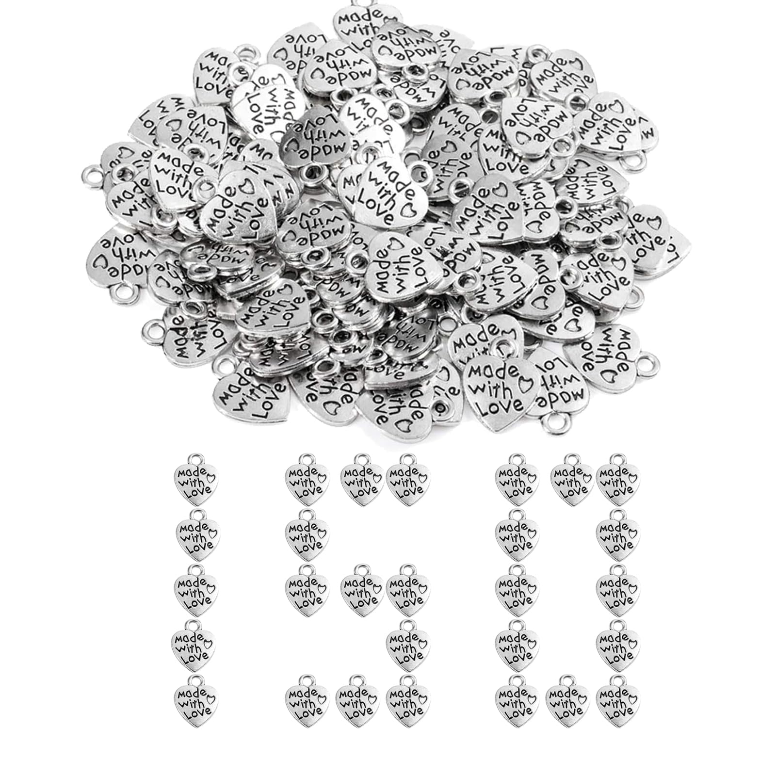 Guanici Mini Heart Pendant Made with Love Charm Antique Heart Charm Handmade Buttons Metal Label Pendant Antique Silver Heart Charm for DIY Crafts Jewellery Making Accessories