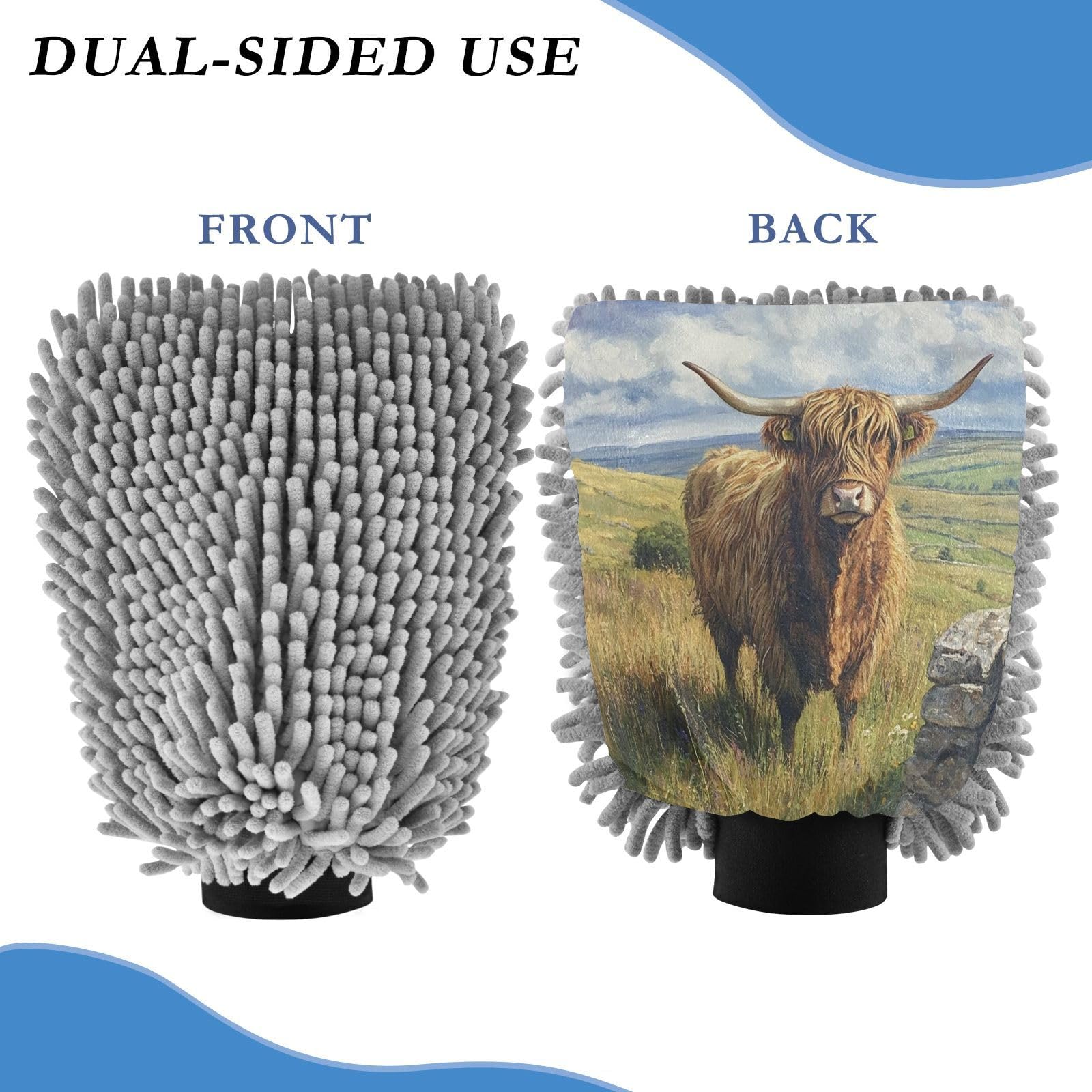 Flradish 2 Pack Highland Cow Car Wash Mitt Chenille Microfiber Lint-Free Scratch Free Ultra-Soft Absorbent Car Wash Mitt 11.8x8.07 Inch