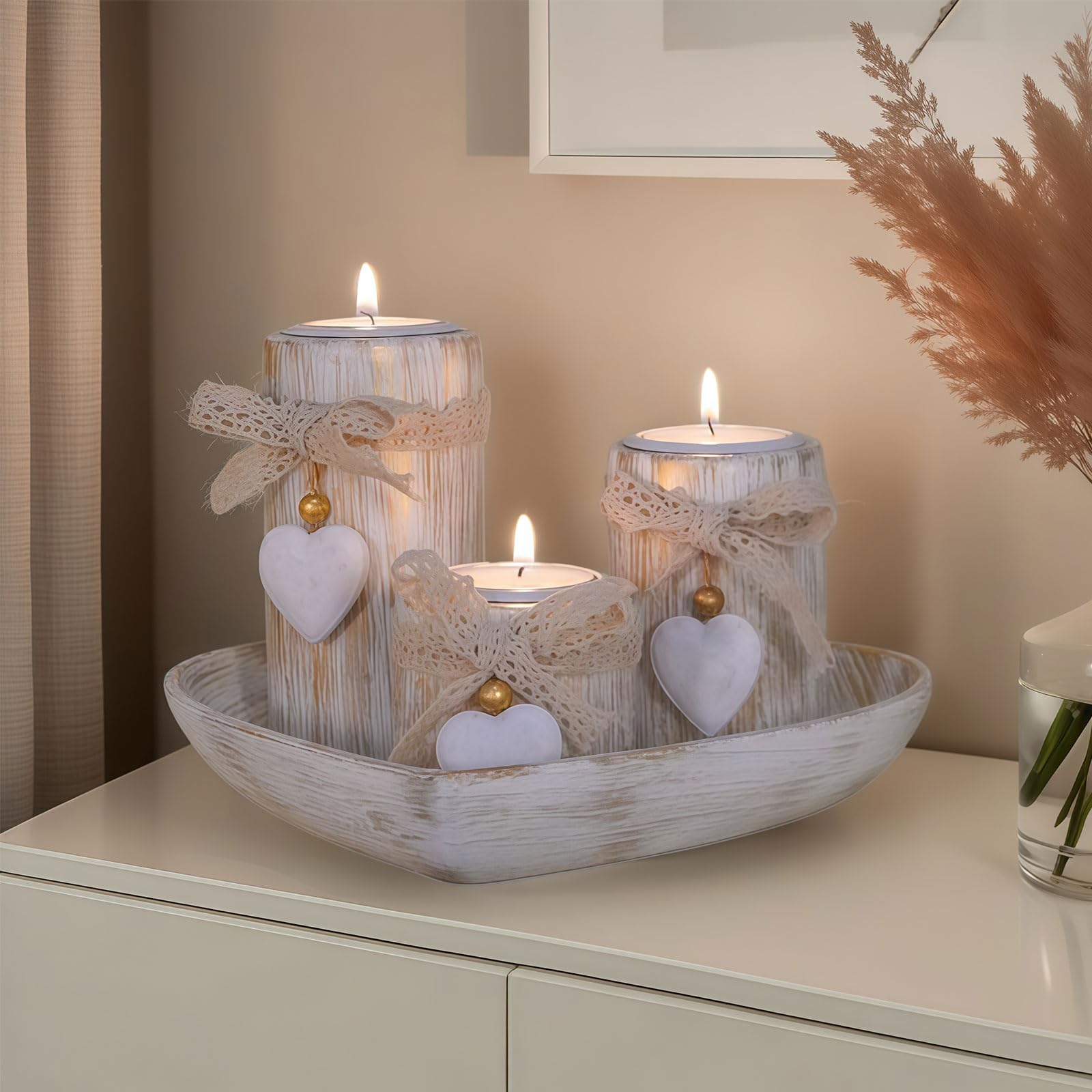 Bougeoirs en bois avec plateau cœur, décoration de table de fête