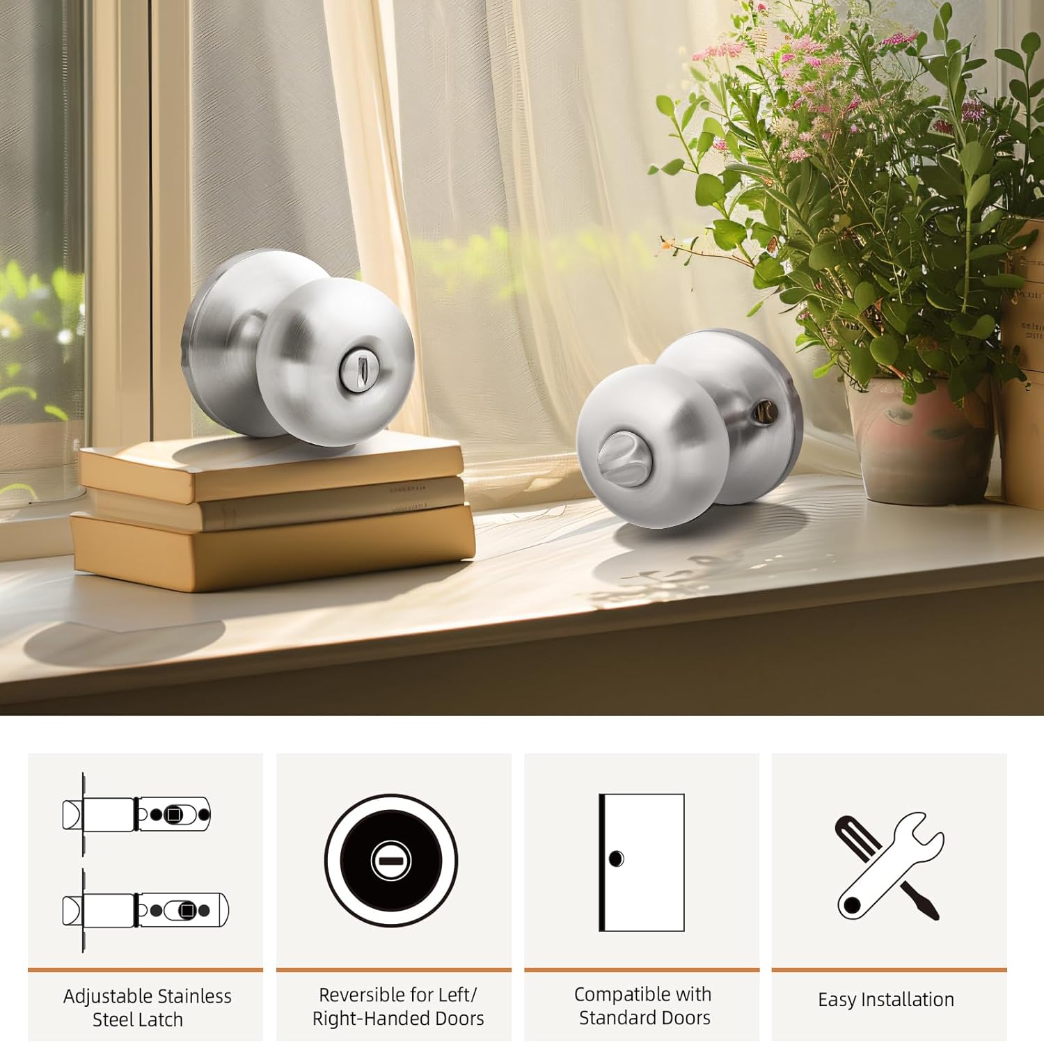 GOBEKOR Brushed Nickel Door Knobs Privacy Door Knobs Interior for Bedroom Bathroom Keyless Round Indoor Door Knob with Lock 5 Pack