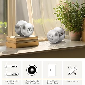 GOBEKOR 3 Pack Privacy Door Knobs Interior Satin Nickel Keyless Round Interior Door Knobs Stainless Steel for Bedroom Bathroom