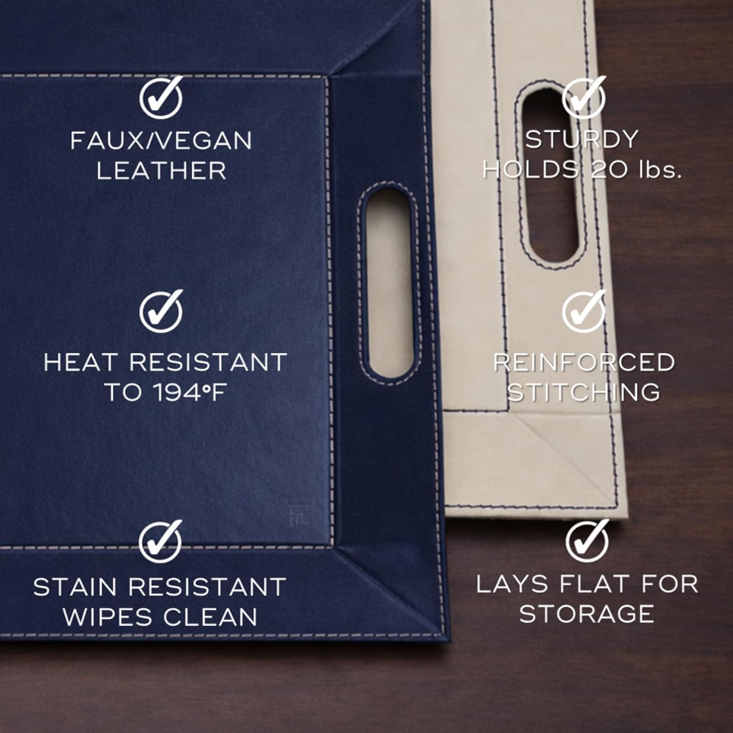 FREEFORM PLACEsMAT 2-in-1 Faux Leather Placemat & Serving Tray | Reversible Design, Lays Flat & Easy to Clean | Ottoman Food Tray, Perfect Housewarming Gift, 18” x 14” (Navy Blue & Ivory, Single)