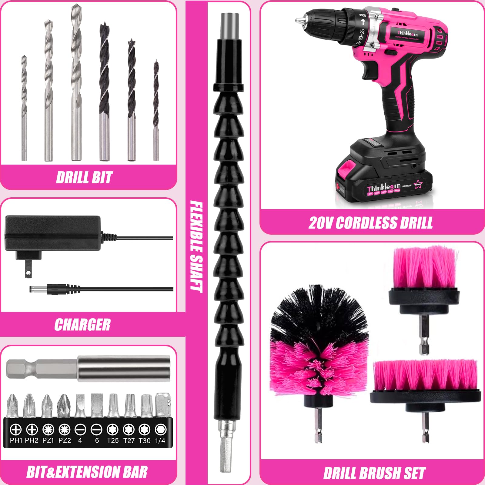 Set trapano senza fili rosa da 20 V, kit trapano elettrico/driver con spazzola per trapano, set di punte, mandrino senza chiave da 3/8", 2 velocità variabili, impostazione coppia 25+1, batteria e