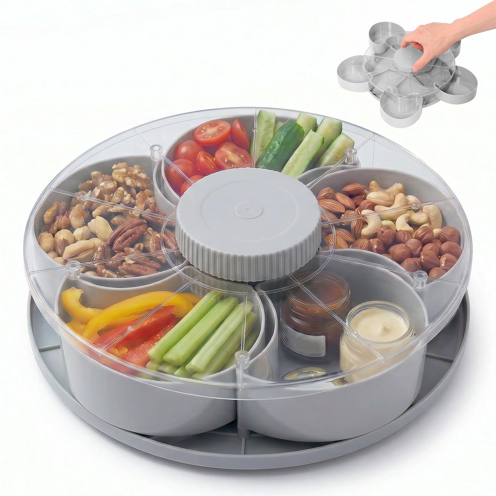 BOBASH Divided Spin and Snack Serving Tray with Lid, 360° Rotating Lazy Susan Snack Box, 5-Compartment Portable Veggie & Fruit Platter for Travel, Picnic, Party & Game Day, Dishwasher Safe(grey)