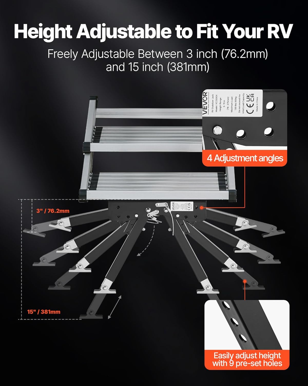 VEVOR RV Step Stabilizer, Height Adjustable Step Stabilizer Kit, Camper Stair Stabilizers with Powder Coated Steel for 5th Wheels, Travel Trailers and Motorhomes, Adjustable from 3 inch to 15 inch