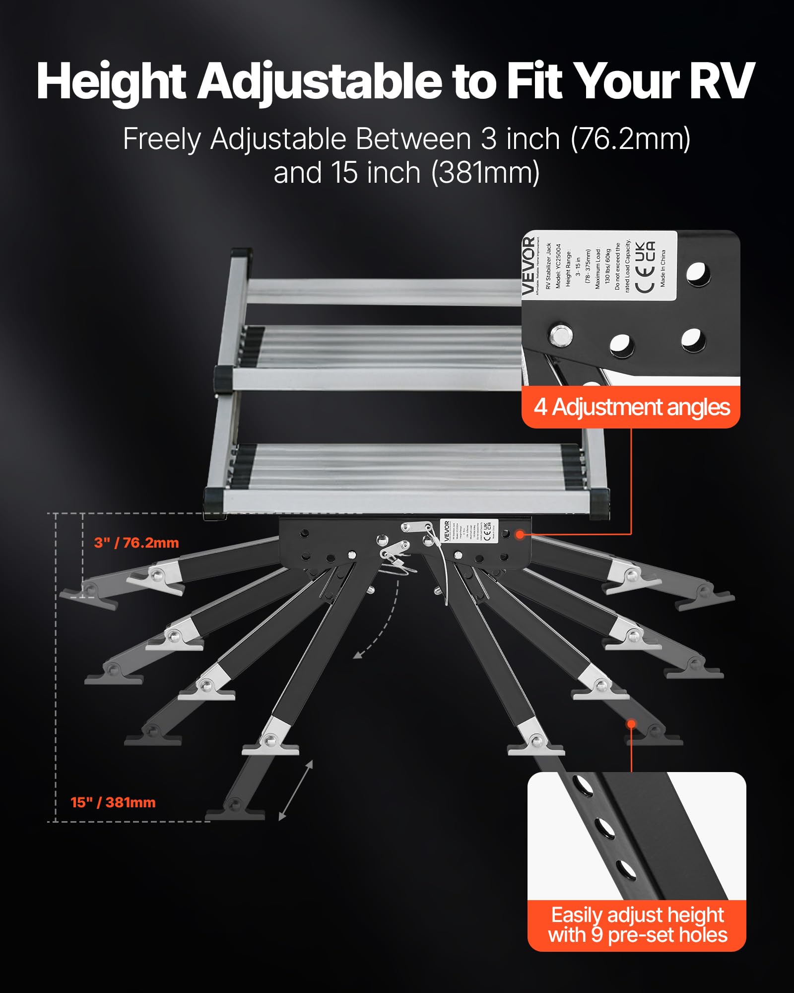 VEVOR Stabilisateur de Marche pour Camping-car, Kit Stabilisateur d'Escalier Réglable en Hauteur 76,2-381 mm, avec Revêtement en Poudre en Acier, Pliable, Accessoire pour Caravanes à Sellette